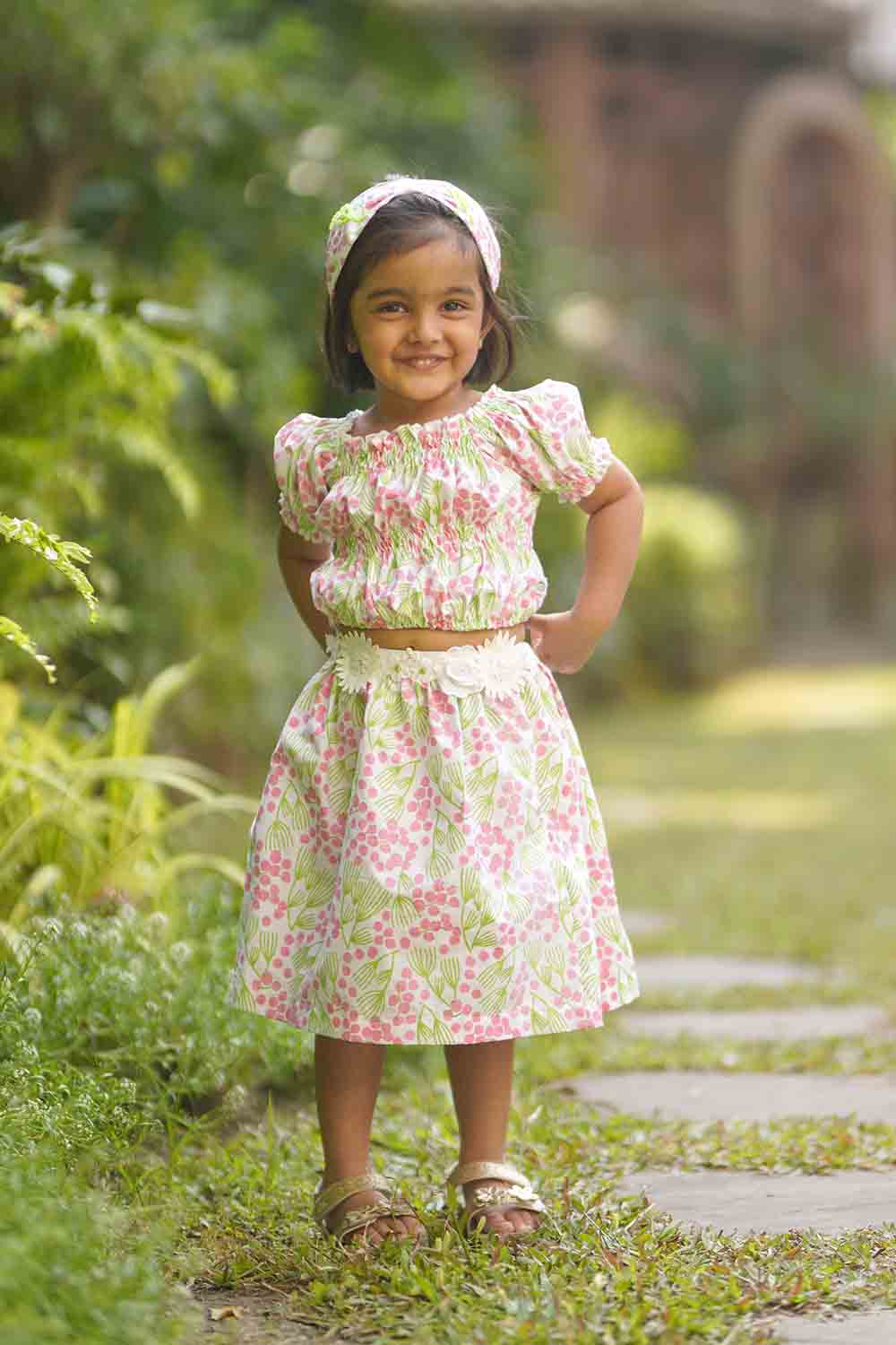 Smocked printed crop top and skirt set for girls