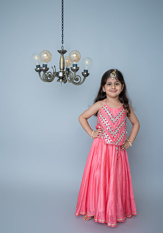 Coral Mirror embroidery halter lehnga for infant girls