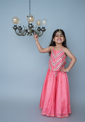 Coral Mirror embroidery halter lehnga for infant girls