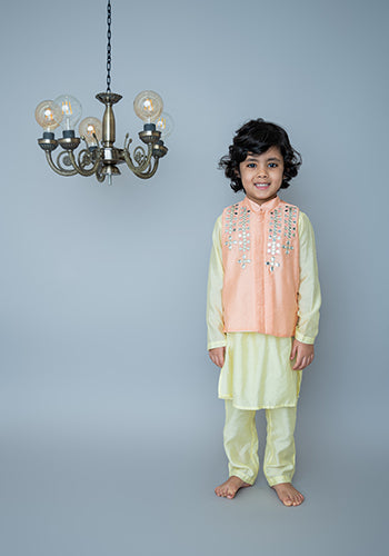 Peach Mirror embroidery bandhgala set for boys