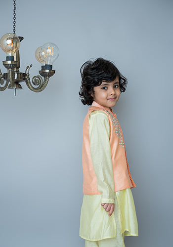 Peach Mirror embroidery bandhgala set for boys