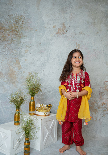 Deep ruby Mirror yoke kurta set for infant girls