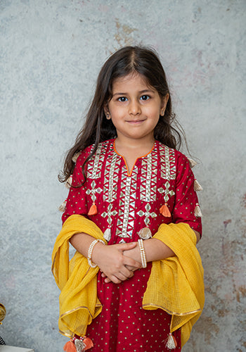 Deep ruby Mirror yoke kurta set for girls