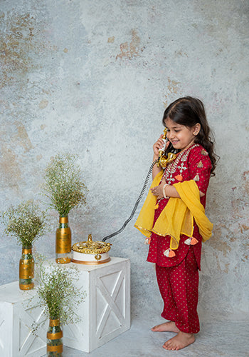 Deep ruby Mirror yoke kurta set for infant girls