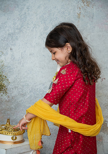 Deep ruby Mirror yoke kurta set for girls