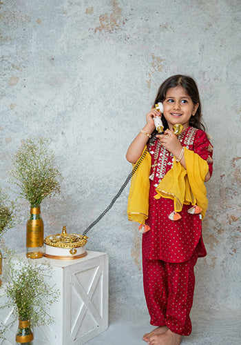 Deep ruby Mirror yoke kurta set for infant girls