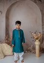 Teal Beaten gold kurta set for boys