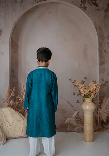 Teal Beaten gold kurta set for infant boys