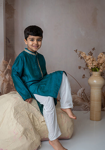 Teal Beaten gold kurta set for boys