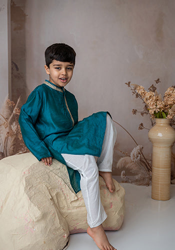 Teal Beaten gold kurta set for infant boys