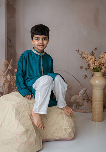 Teal Beaten gold kurta set for infant boys