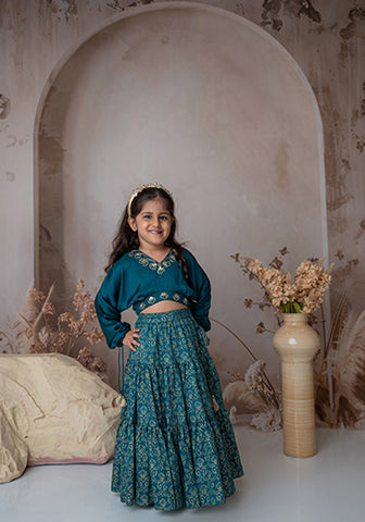 Teal Stylish crop top with tiered lehnga for girls