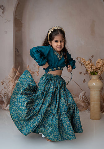 Teal Stylish crop top with tiered lehnga for infant girls