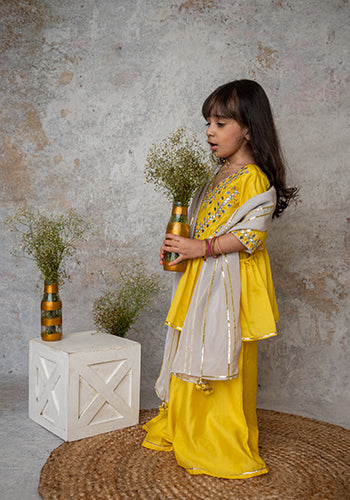 Yellow Mirror embroidery cut out sharara with dupatta for infant girls