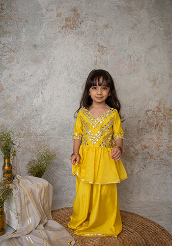 Yellow Mirror embroidery cut out sharara with dupatta for infant girls