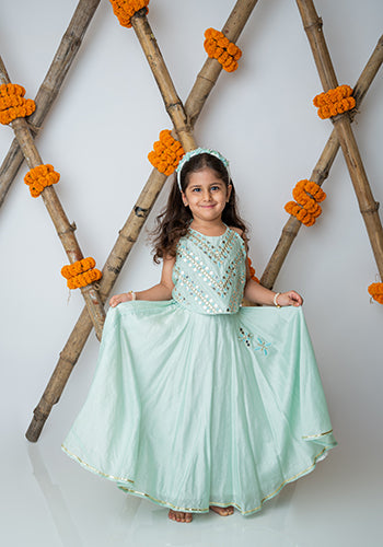 Sea green Mirror embroidery halter lehnga for infant girls