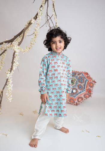 Turq Lotus print kurta set for boys