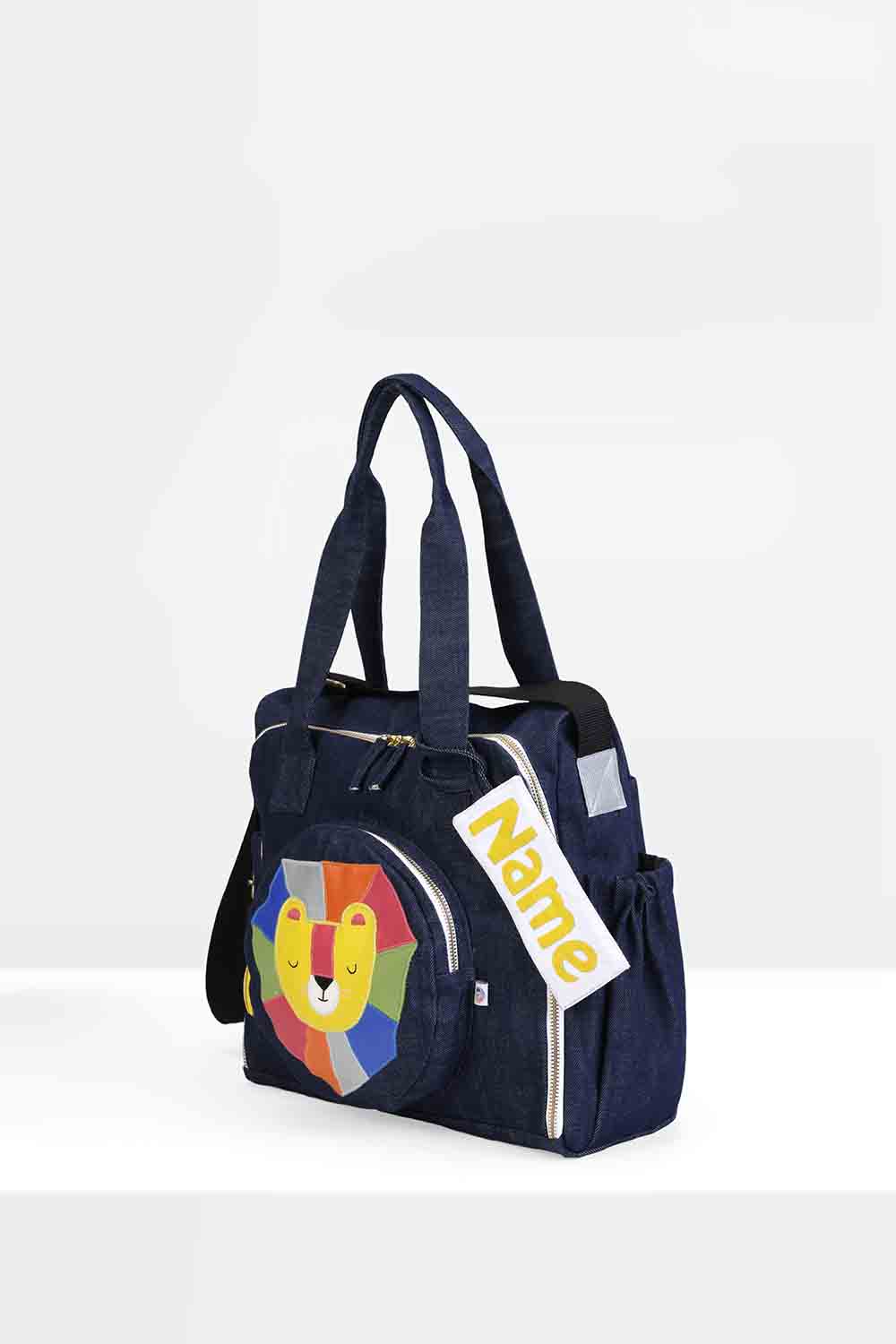 Organic denim lion diaper bag-02