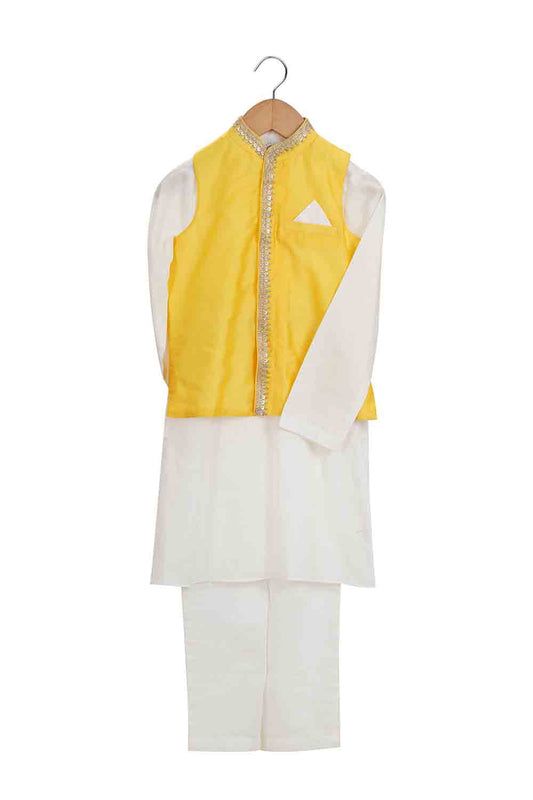 Cobalt embroidered motif bandhej kurta for boys