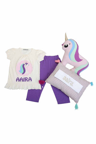 Customized unicorn nightsuit and cushion set