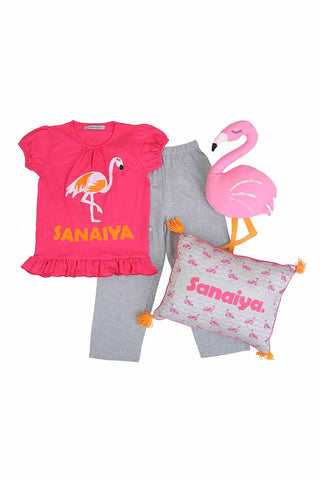 Customized flamingo nightsuit and cushion set