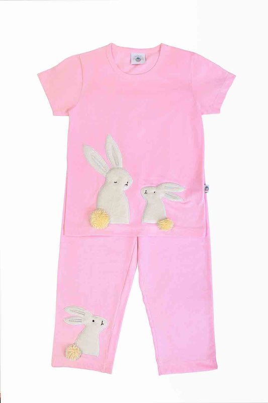 Fluffy embroidered bunny nightsuit for girls