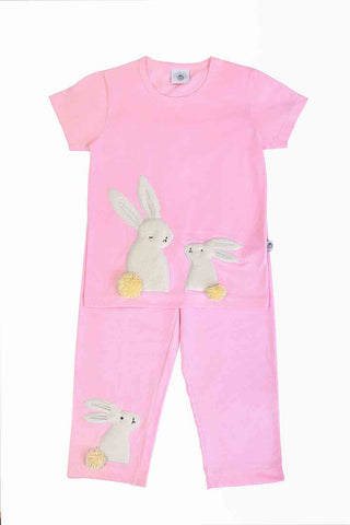 Fluffy embroidered bunny nightsuit for girls