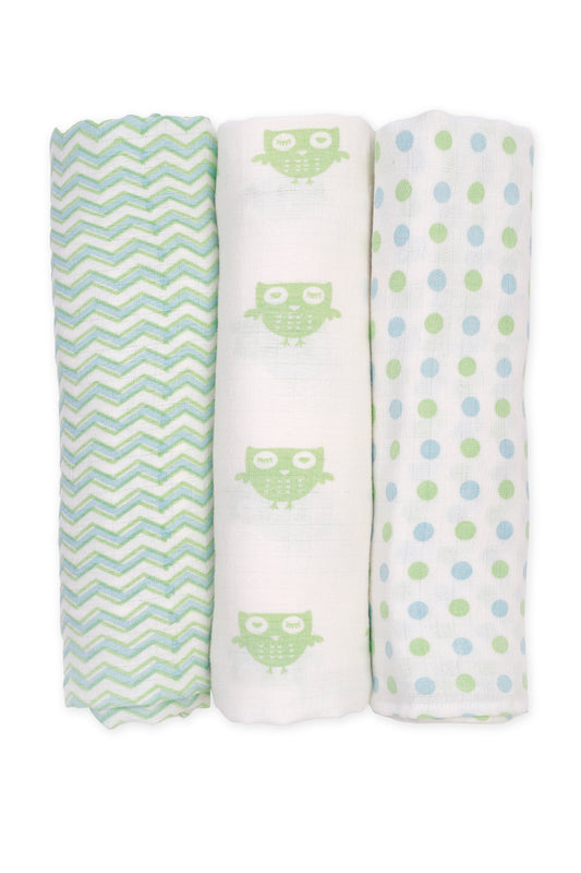 Set of 3 printed blue mint swaddles