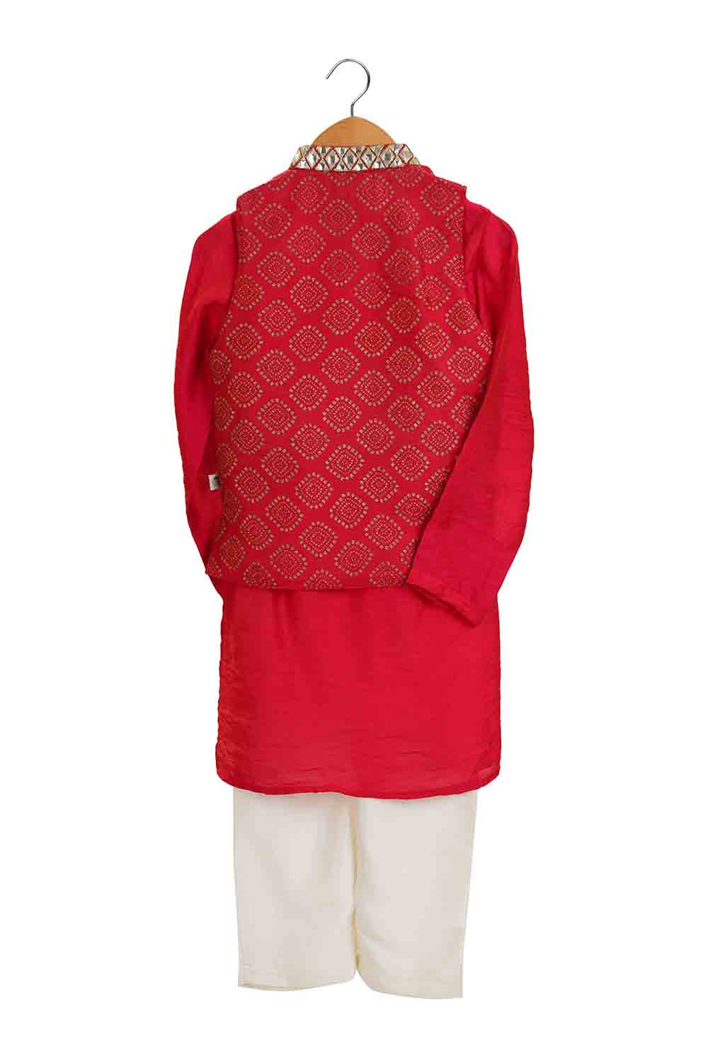 Red gold print bandhgala set for boys