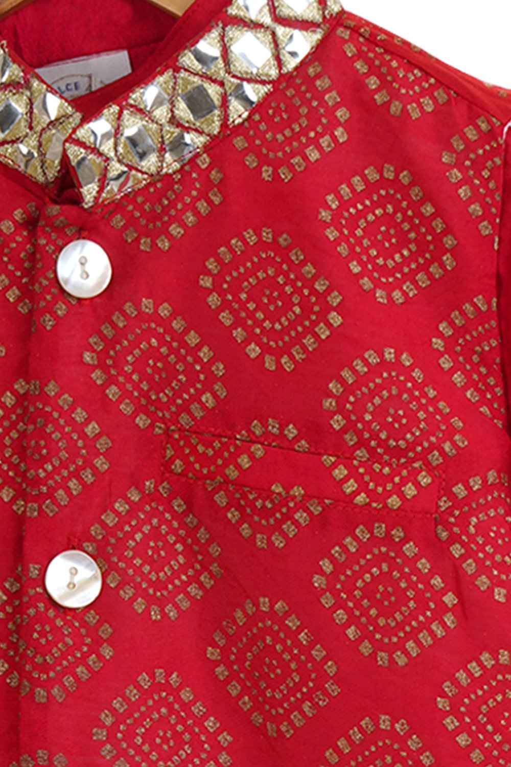 Red gold print bandhgala set for boys