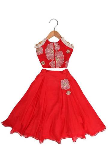 Red floral embroidered lehnga for girls