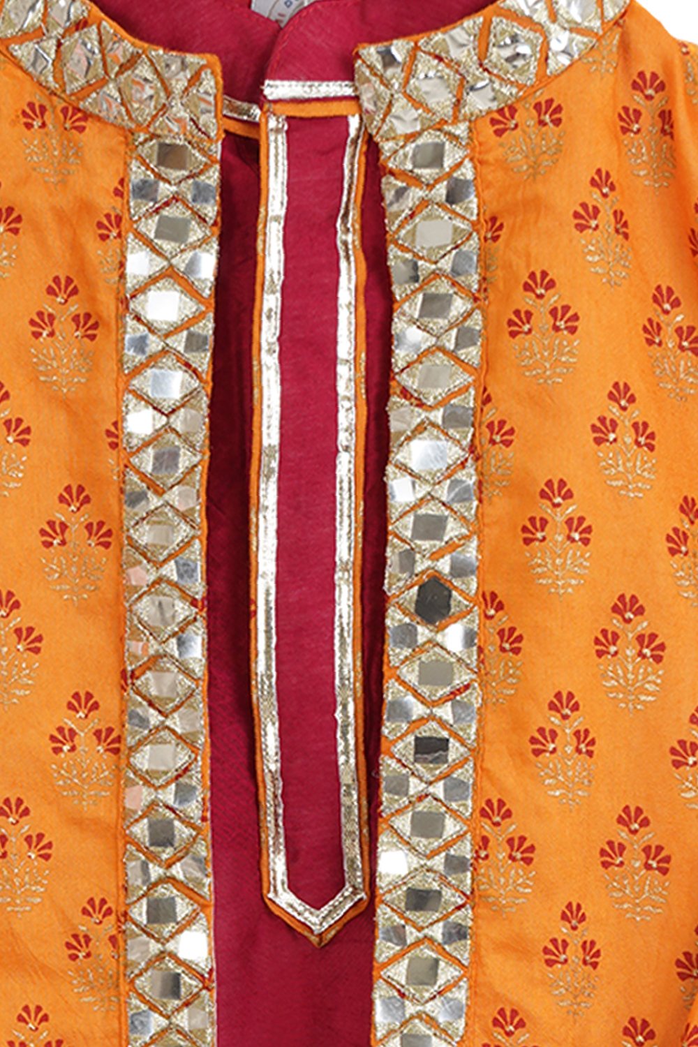 Saffron mirror embroidered sherwani set for boys